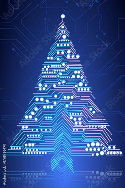 Fototapeta High-tech Christmas tree design created with glowing neon circuit lines and electronic board elements, symbolizing innovation, technology, and digital celebration for modern holiday themes.