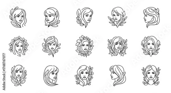 Fototapeta Collection of elegant line art illustrations of diverse female faces, each adorned with botanical elements like leaves and flowers, presented in a minimalist white outline style against a stark black