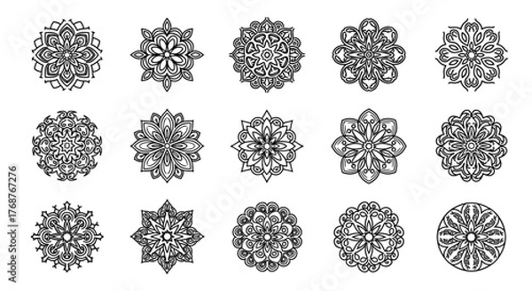 Fototapeta Collection of 15 intricate white mandala designs on a black background, featuring symmetrical floral patterns and detailed linework, perfect for graphic resources, spiritual, and decorative purposes.
