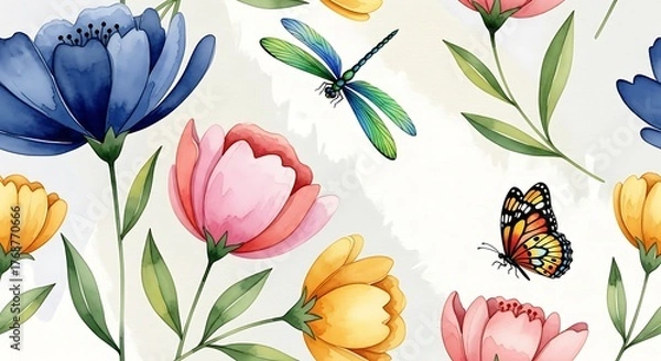 Obraz Watercolor garden blooms with dragonfly and butterfly