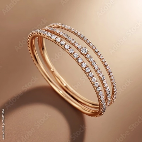 Obraz Three delicate gold bangles, each lined with sparkling diamonds, sit on a warm, blurred background