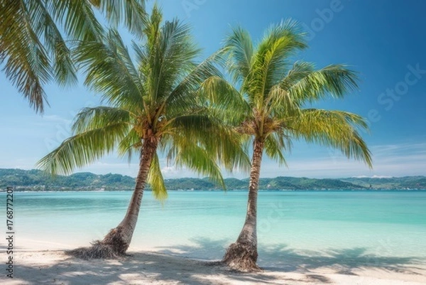 Obraz Two palm trees on a white sand beach with turquoise water and a clear blue sky