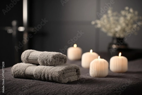 Obraz Serene spa scene folded towels, glowing candles, and delicate white blossoms