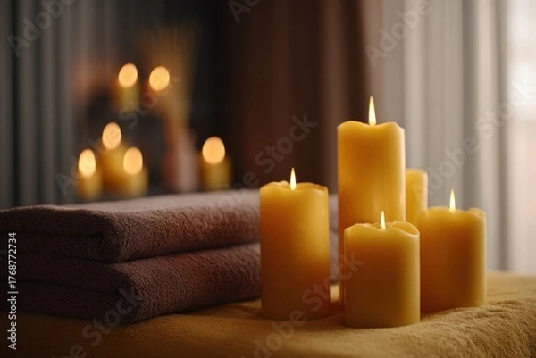 Obraz Spa setting with lit candles, folded towels, and warm lighting. Serene and inviting