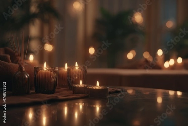 Obraz Lit candles on a table with a cozy vibe, warm lighting, and out-of-focus background