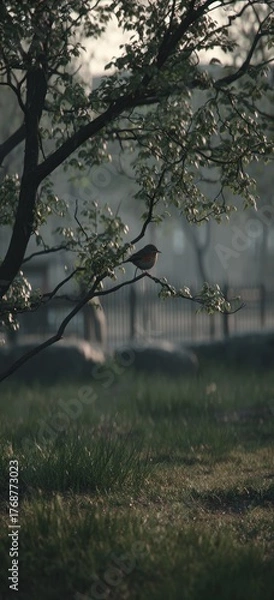 Obraz A small bird perches on a branch with blossoms, blurred background of grass and fence