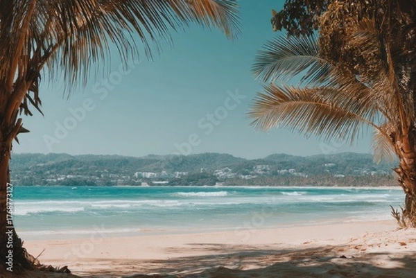 Obraz Beach scene framed by palm trees, showing ocean waves and distant mountains under blue sky