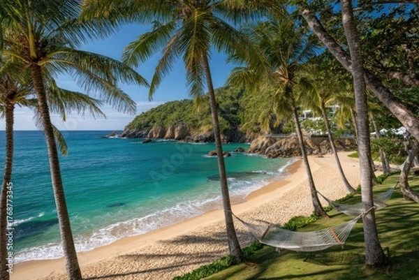 Obraz Lush tropical beach scene with palm trees, turquoise water, and golden sand; hammocks too