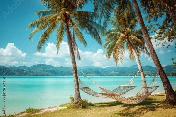 Obraz Tropical scene palm trees frame a tranquil beach with hammocks, turquoise water, and distant hills