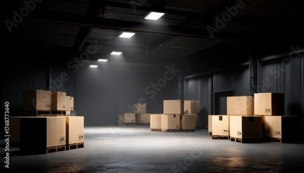Obraz Dimly lit warehouse interior with stacks of cardboard boxes on pallets, atmospheric lighting