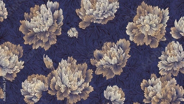 Obraz Complex floral pattern in shades of cream, tan, and navy blue. Detailed flowers on swirling texture