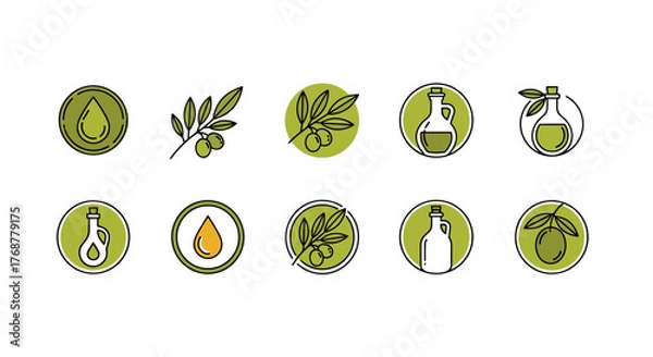 Obraz Collection of ten minimalist line art icons representing olive oil production and products, featuring olive branches with olives, oil drops, and bottles, all set against a black background for a
