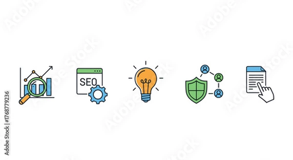 Obraz Set of five flat icons representing business concepts: data analysis with magnifying glass and charts, SEO optimization with gear and browser window, bright idea represented by a lightbulb, network