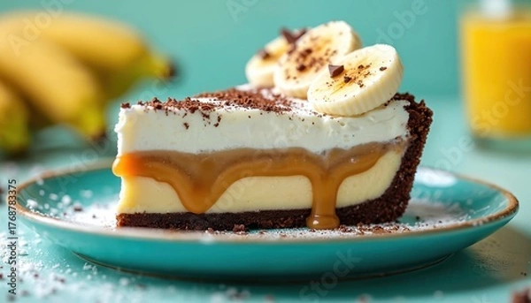 Obraz Delicious banoffee pie slice with layers of cream, banana, and caramel sauce, topped with fresh banana slices and chocolate shavings on a teal plate.