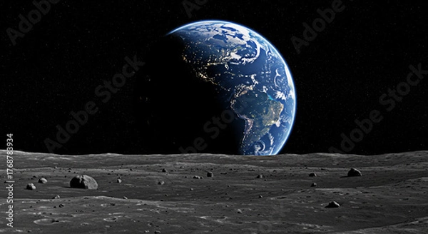 Fototapeta Earth from the Moon: A Stunning View of Our Blue Planet with Illuminated Cities at Night from the Lunar Surface