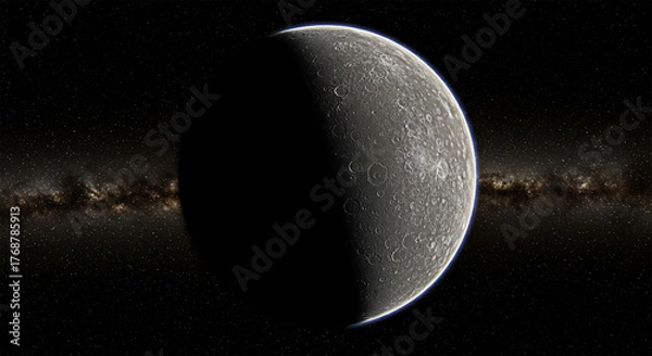 Fototapeta The Moon in Starlight: A Stunning View of a Cratered Surface Before the Milky Way Galaxy in Deep Space