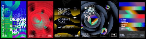Fototapeta Modern abstract graphic design posters with gradients, geometric shapes, collage and typography. Futuristic event templates for exhibitions, creative fairs, workshops, and contemporary branding.
