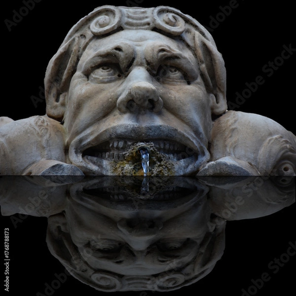 Obraz Mascherone Reflection – Baroque Fountain Detail with Water Flow and Surreal Mirror Effect, Rome