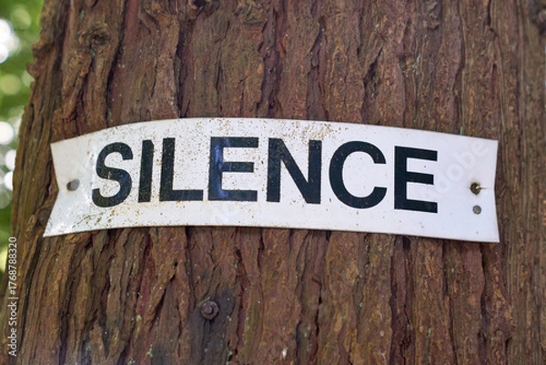 Fototapeta SILENCE Sign on a tree in a mountain forest