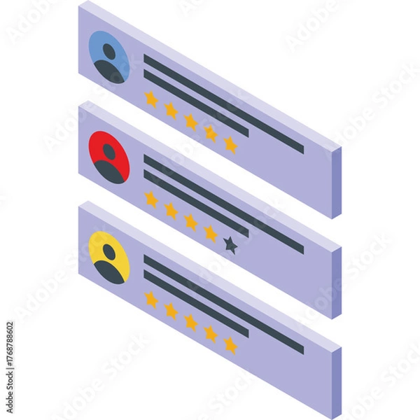 Obraz User feedback list with profile icons and star ratings displayed in a 3D isometric perspective illustration with a clean transparent background