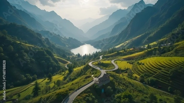 Fototapeta Winding road through lush mountain valley, serene lake, and vibrant terraced fields under bright sky, scenic nature landscape