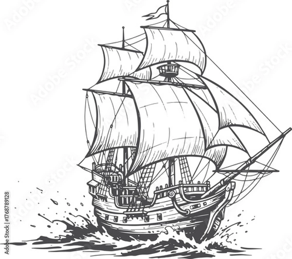 Fototapeta Rough Waters Voyage: Vintage Engraving of Sailboat Battling the Waves