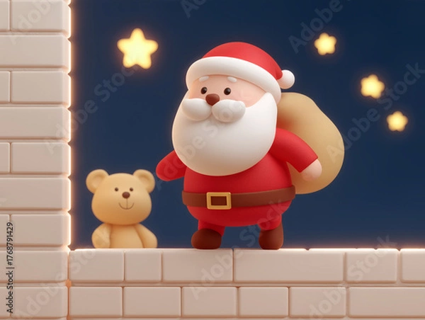 Obraz 3d santa claus with teddy bear standing on rooftop under glowing stars