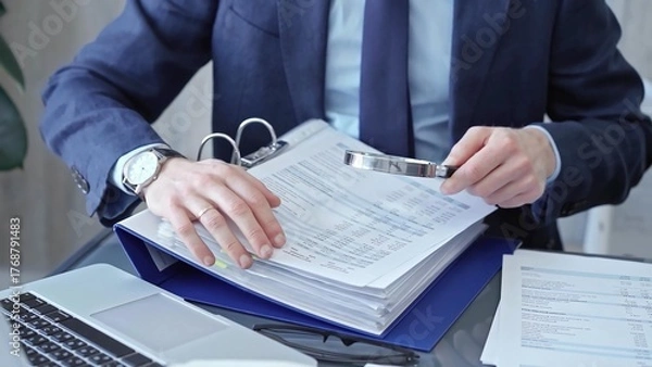 Fototapeta Adult businessman or auditor examining documents with magnifying glass. Professional in a suit scrutinizes financial reports, detail-focused work concept
