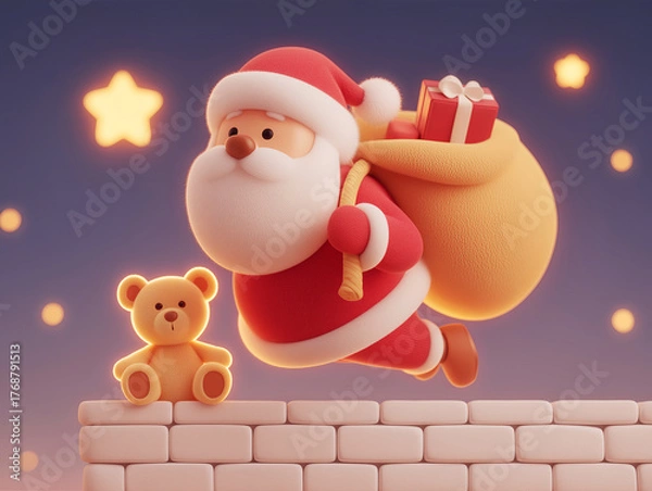 Obraz 3d santa claus flying over rooftop with teddy bear and red gift bag