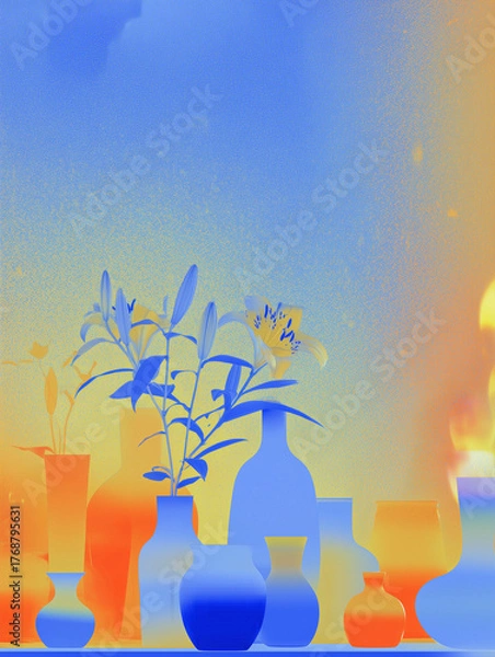Fototapeta Abstract still life with lilies in contrasting vases