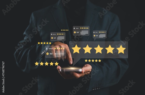Fototapeta Customer review satisfaction feedback survey concept. User give rating to service excellent experience on mobile phone application, Client evaluate quality of service reputation ranking of business.