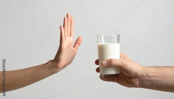 Fototapeta Human hand pushing away a glass of milk, symbolizing lactose intolerance, dairy allergy, or dietary choice.