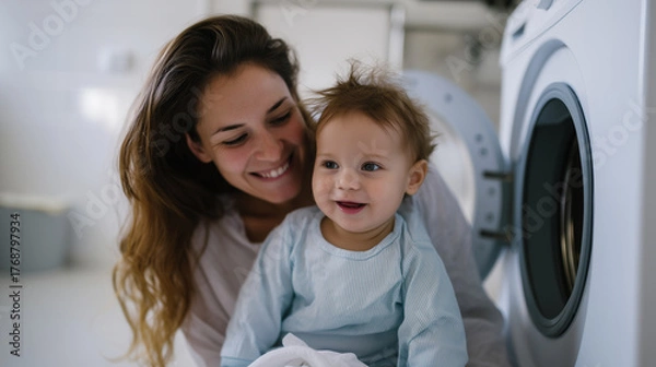 Fototapeta Young mother doing laundry with her baby sitting on the floor near washing machine, playful moment as the baby wears a shirt on the head and laughs, warm family atmosphere in brigh