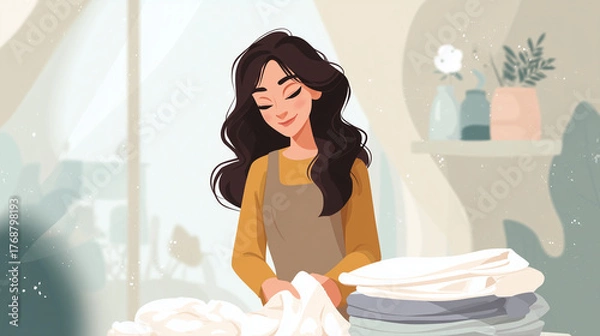 Fototapeta woman with dark hair smiling while folding white clothes, modern digital illustration style, flat pastel palette, minimal background, cozy home setting, soft daylight aesthetic, cl