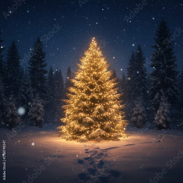 Fototapeta Illuminated Christmas tree glows in a snowy forest at night beneath a starry sky, warm lights contrasting the deep blue winter landscape.