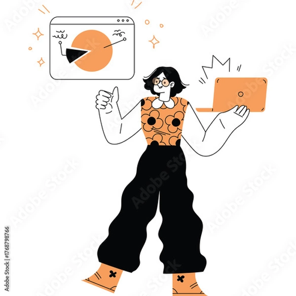 Obraz Woman Holding Laptop and Chart Data Displaying Financial Growth and Business Analytics With Transparent Background