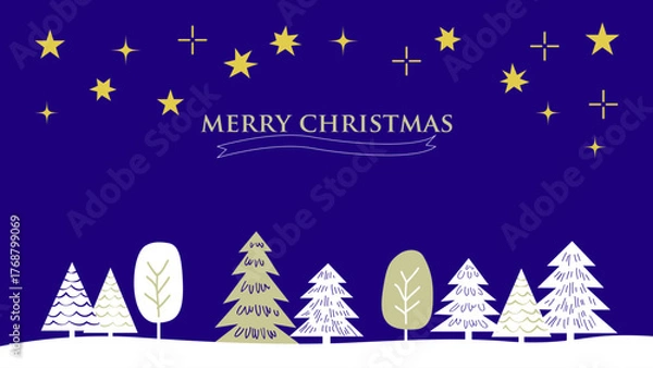 Obraz 【手描き風・シンプル】星空と木々のクリスマスイラスト素材