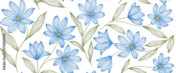 Fototapeta Leaves branch and Hand Drawn doodle Scribble floral plants banner, seamless pattern. Creative minimalist Abstract art background. Design wall decoration, postcard, poster and brochure