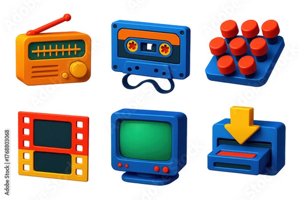 Fototapeta Retro Tech Icons. 3D icon set of relics from analog age: AM radio tuner, cassette tape ribbon, typewriter key set, filmstrip