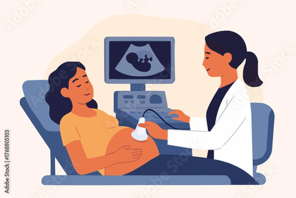 Fototapeta Flat vector of ultrasound scan procedure with pregnant woman and technician