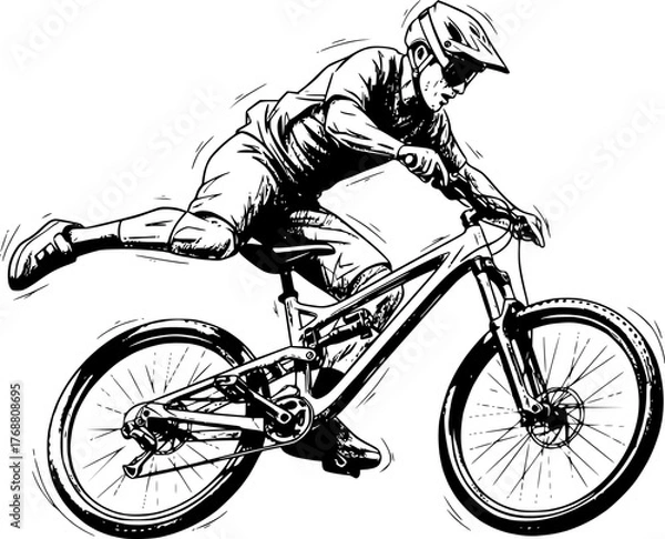 Obraz Sketch silhouette Cyclist Using Smartphone While Riding Bicycle Vector Illustration
