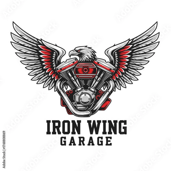 Obraz A motorcycle engine with eagle wings, red accents, and text in a logo design on a white background
