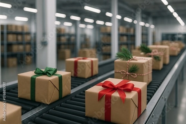 Obraz Wrapped christmas gifts on conveyor belt in warehouse with simple composition for holiday preparation and packaging concept