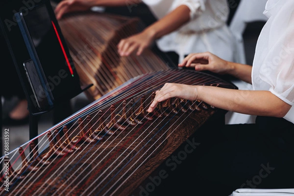 Fototapeta Traditional Korean folk musical instrument Gayageum, female orchestra band performing concert on Kayagum in of Seoul, South Korea, wooden zither with 12 strings, Koto or Guzheng live music performance