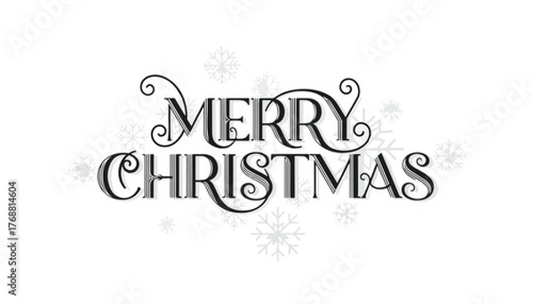 Fototapeta Elegant black and white lettering spells out "Merry Christmas" with decorative flourishes and snowflake accents on a white background.