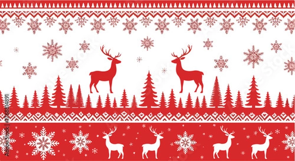 Fototapeta Festive red and white patterned design featuring reindeer, snowflakes, and trees, creating a holiday atmosphere.