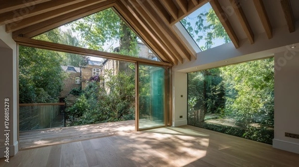 Fototapeta Modern home interior with open glass walls, wooden beams, floors, and skylight. Showcasing architecture, design or property for modern, light-filled living spaces.