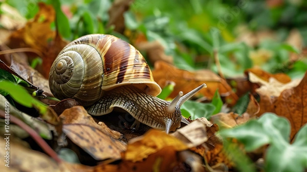 Obraz Snail on leaves in forest