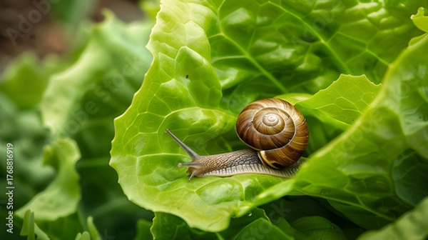 Obraz Snail on green leaf