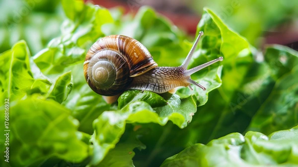 Obraz Snail on green leaf